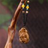 Large Green Sandalwood Nine-Tailed Fox With Bead Chain Car Hanging Decoration 6.8*4.1*2.9cm