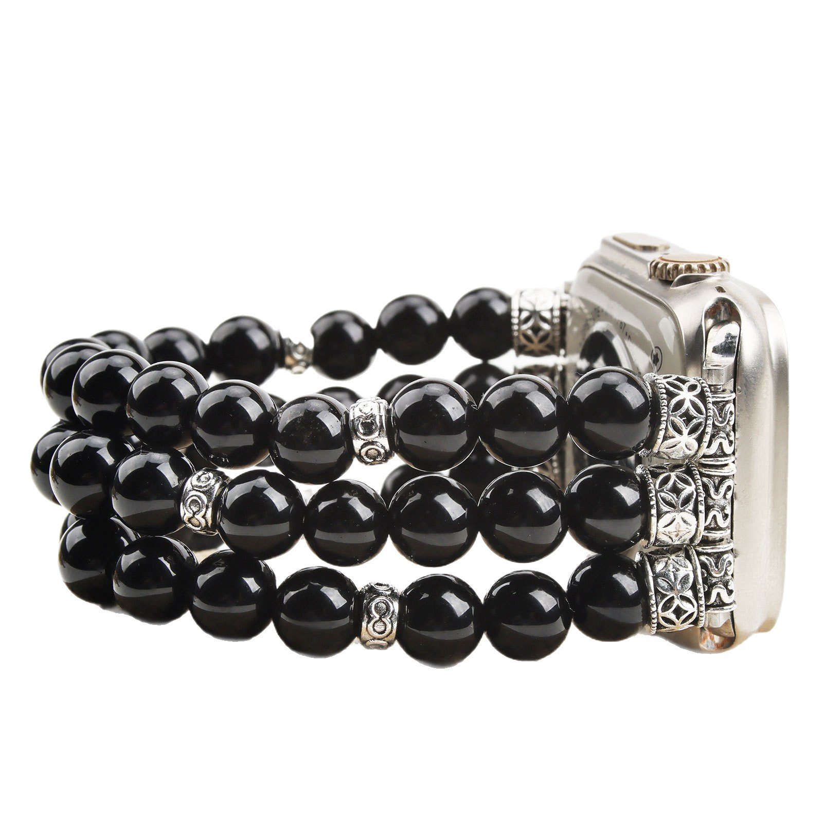 Triple-Row Black Obsidian Beaded Stretch Band for Apple Watch (4)